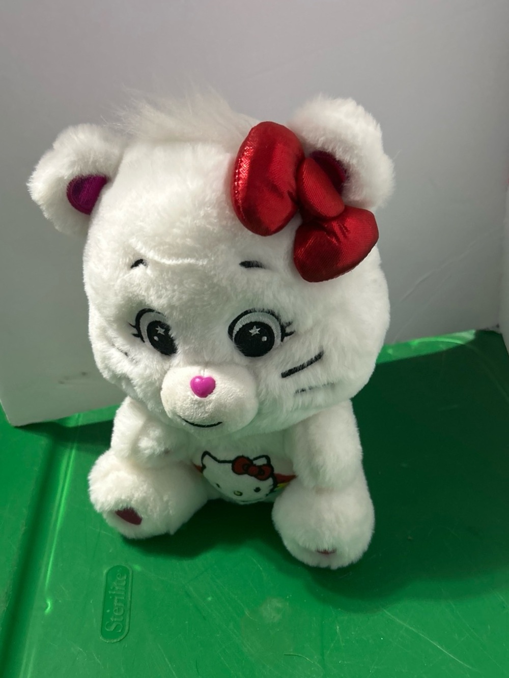 Sanrio White Plush Cat with Red Bow and Pink Nose
